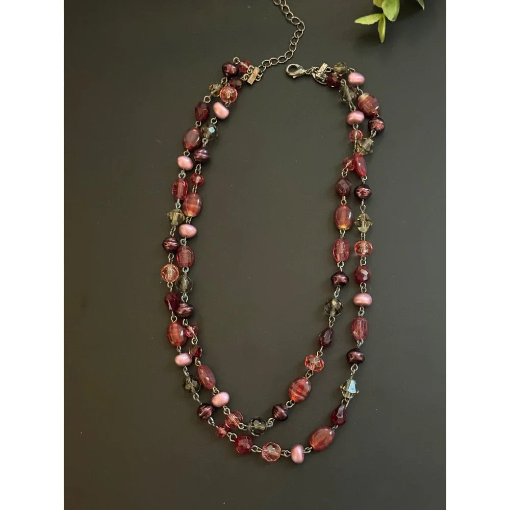 Lia Sophia Multi Color Bead Station Necklace Silver Tone Long 38 Inch Boho